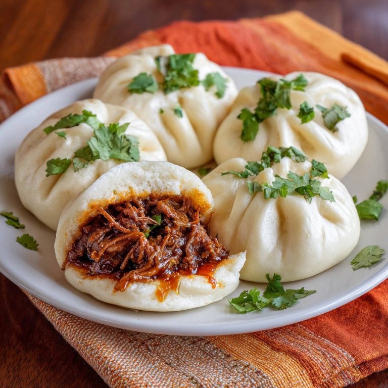 Baozi mit saftigem Pulled Beef in Nahaufnahme: Der aufgeschnittene Dampfknödel zeigt die köstliche Füllung aus zartem Fleisch.