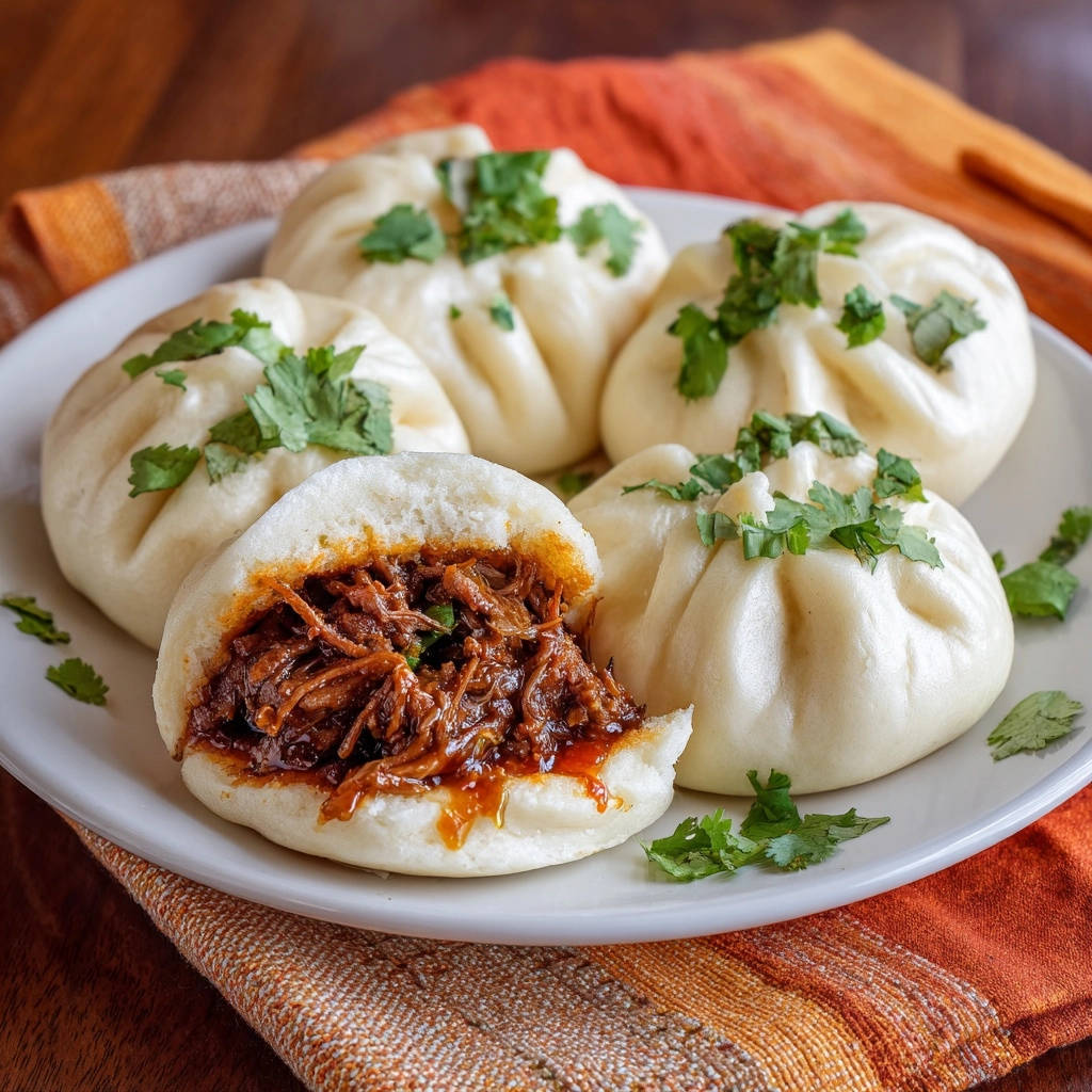 Baozi mit saftigem Pulled Beef in Nahaufnahme: Der aufgeschnittene Dampfknödel zeigt die köstliche Füllung aus zartem Fleisch.