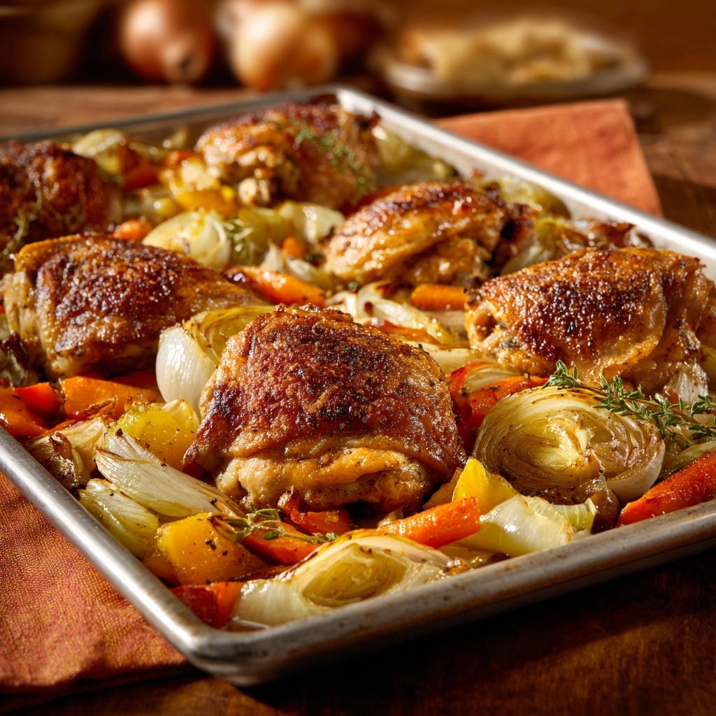 Blechgericht Knuspriges Huhn Mit Ofengemuese Nahaufnahme 1 Blechgericht Knuspriges Hähnchen mit Ofengemüse zeigt eine Nahaufnahme der goldbraunen Hähnchenstücke und dem gerösteten Gemüse.