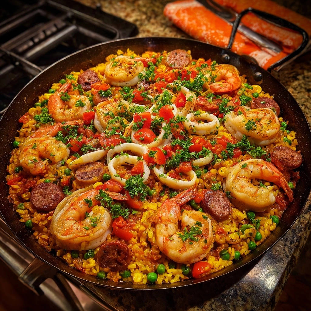Bunte Paella Pfanne Draufsicht 1 Bunte Paella-Pfanne, draufsicht, mit Garnelen, Tintenfischringen, Chorizo und frischen Tomaten, serviert in einer großen Pfanne.