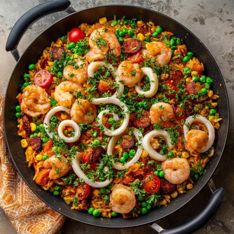 Bunte Paella-Pfanne mit perfekt zarten Meeresfrüchten, garniert mit frischer Petersilie und Tomaten, serviert in einer großen Pfanne.