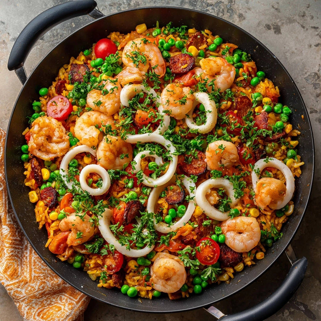 Bunte Paella-Pfanne mit perfekt zarten Meeresfrüchten, garniert mit frischer Petersilie und Tomaten, serviert in einer großen Pfanne.