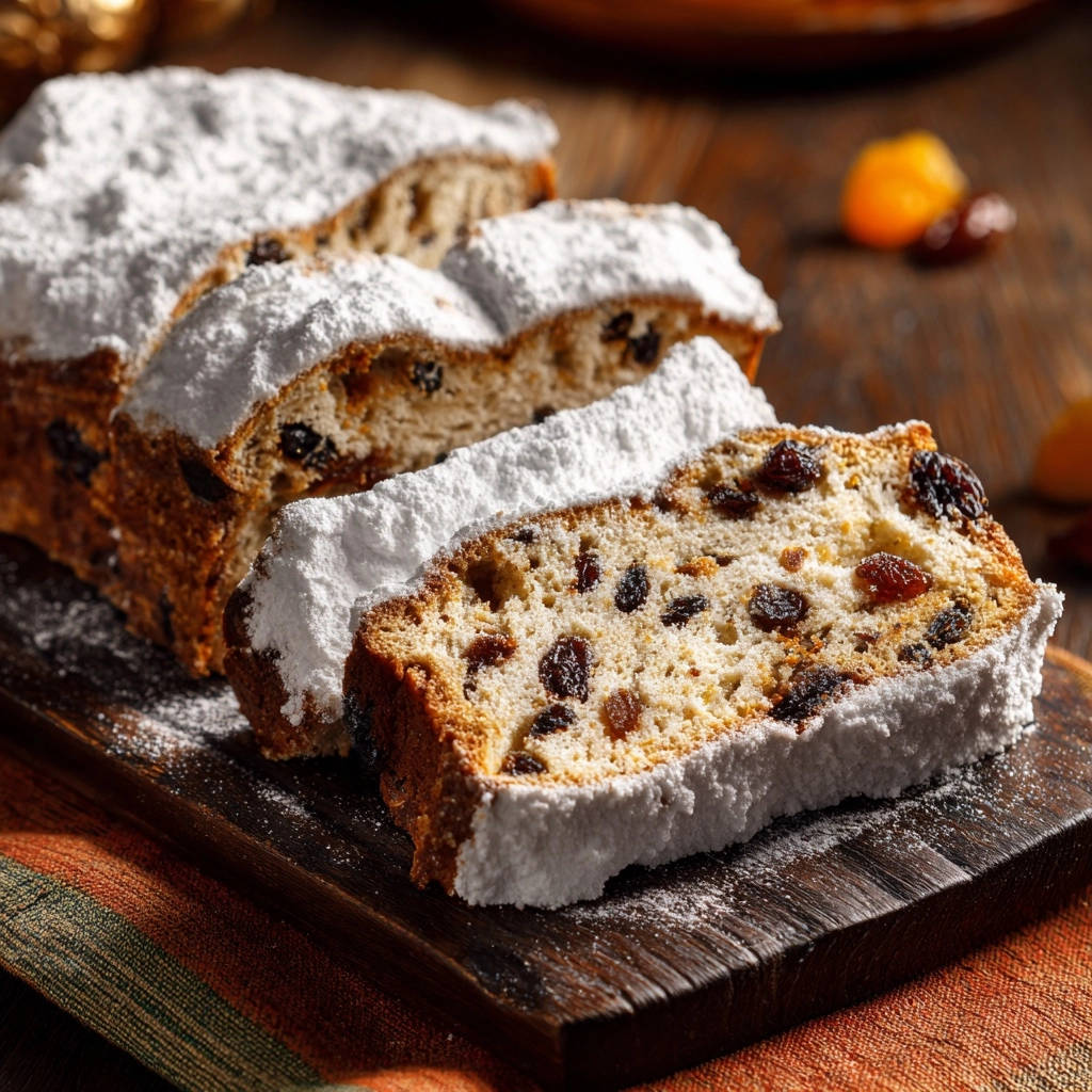 Christstollen Querschnitt Nahaufnahme 1 Christstollen Querschnitt mit Rosinen und Puderzucker in Nahaufnahme. Der saftige Kuchen zeigt seine perfekte Textur.