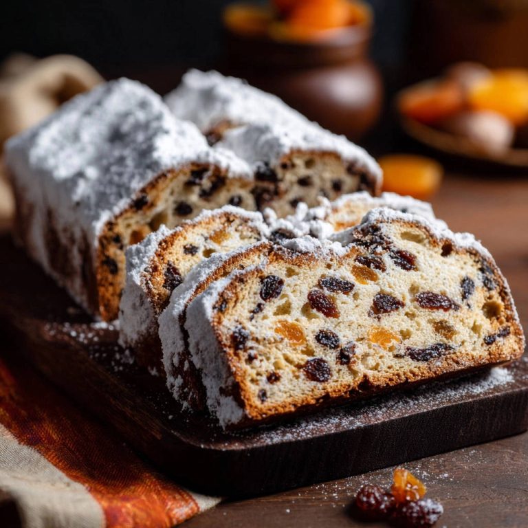 Christstollen mit Rosinen und Trockenfrüchten im Querschnitt, bedeckt mit Puderzucker, in einer Nahaufnahme auf einem Holzbrett serviert.