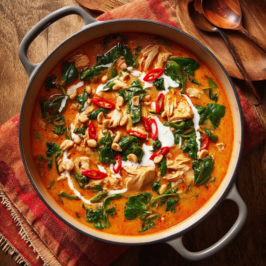Cremig Erdnuss Huhn Curry Spinat Draufsicht 1 Cremiges Erdnuss-Hähnchen-Curry mit Spinat in der Draufsicht, garniert mit Erdnüssen, Chili und Kokoscreme, serviert in einem Topf.