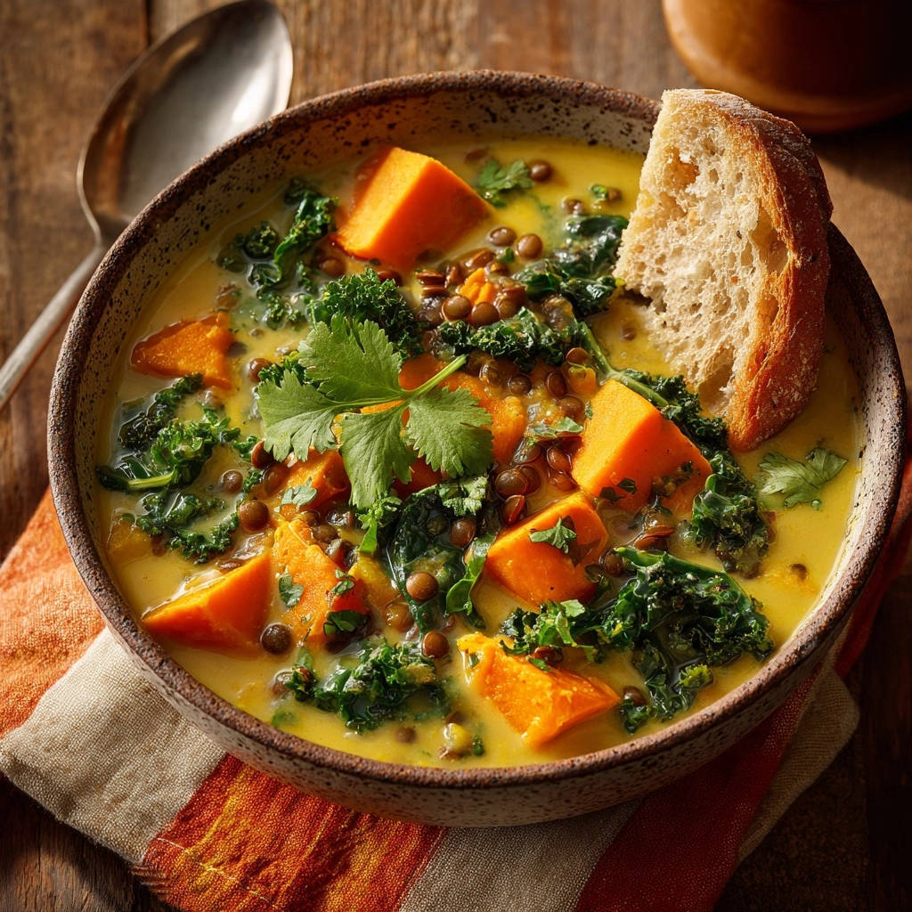 Cremig Suesskartoffel Linsen Curry Mit Gruenkohl Serviert 1 Cremiges Süßkartoffel-Linsen-Curry mit Grünkohl serviert in einer rustikalen Schüssel, garniert mit frischem Koriander und Brot.
