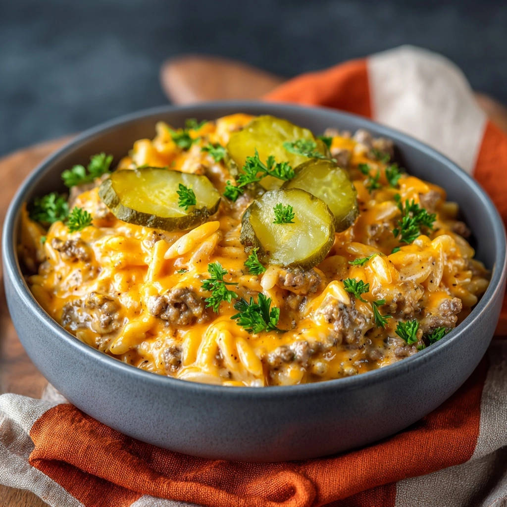 Cremige Cheeseburger Orzo Pfanne Draufsicht Serviert 1 Cremige Cheeseburger-Orzo-Pfanne in einer Schüssel serviert, garniert mit frischer Petersilie und sauren Gurkenscheiben.