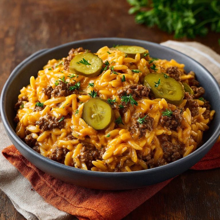Cremige Cheeseburger-Orzo-Pfanne serviert in einer dunklen Schüssel, garniert mit frischen Dill-Gurkenscheiben und Petersilie.