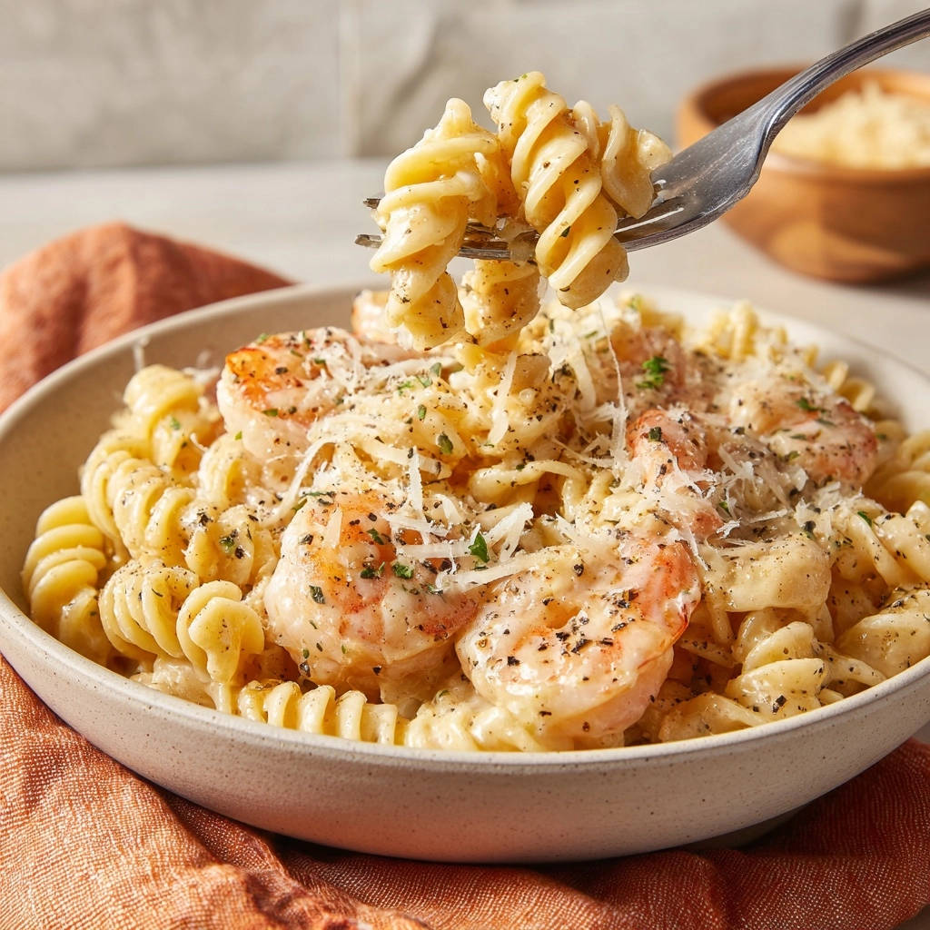 Cremige Garnelen Fusilli Gabel Nahaufnahme 1 Cremige Garnelen-Fusilli in Nahaufnahme, von einer Gabel gehoben, um die cremige Sauce und die Pasta-Textur zu zeigen.