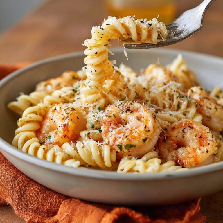 Cremige Garnelen-Fusilli werden mit einer Gabel vom Teller abgehoben, um die perfekt haftende Sauce zu zeigen und den Gaumen zu verführen.