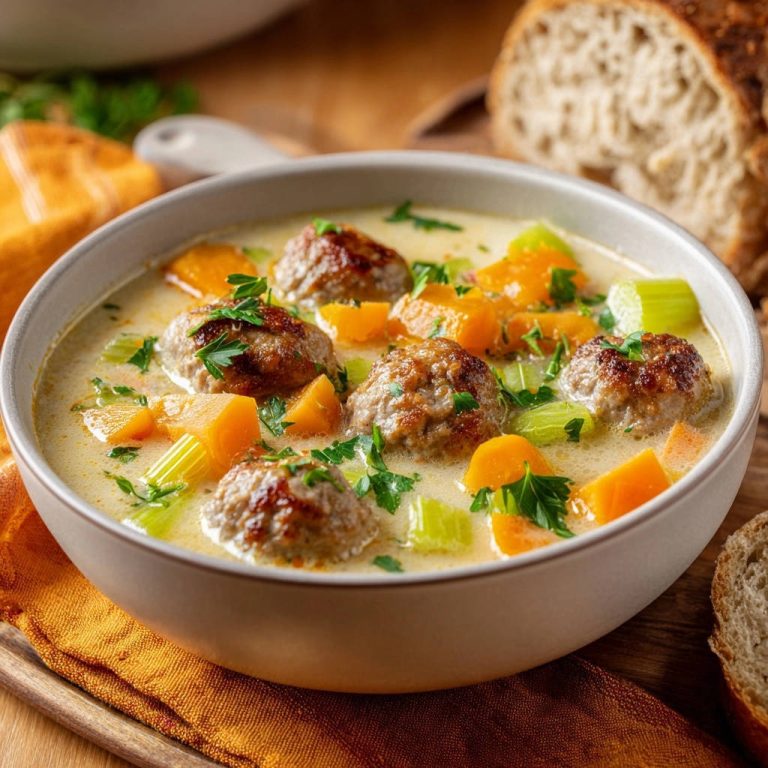 Cremige Hackbällchensuppe mit Wurzelgemüse in einer Nahaufnahme, serviert in einer cremefarbenen Schüssel, mit frischer Petersilie garniert.