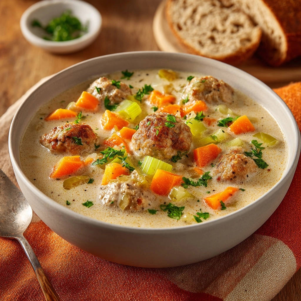 Cremige Hackballchensuppe Mit Wurzelgemuse Serviert 1 Cremige Hackbällchensuppe mit Wurzelgemüse in einer Schüssel serviert, garniert mit frischer Petersilie und zusammen mit Brot.