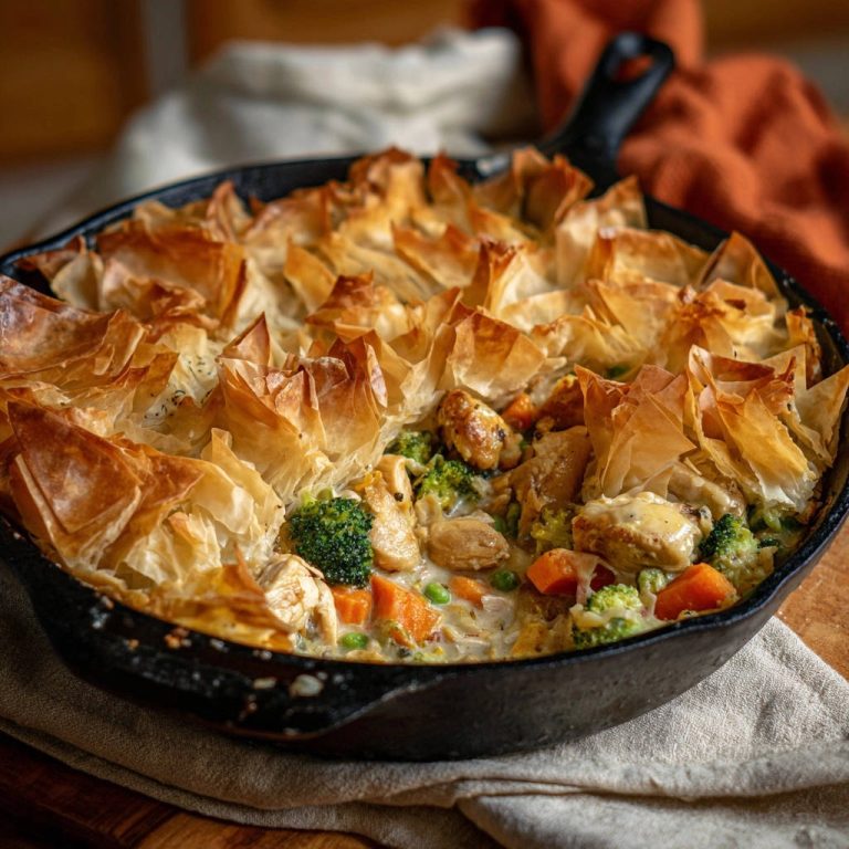 Cremige Hähnchen-Gemüse-Pfanne mit knuspriger Phyllo-Haube in einer gusseisernen Pfanne, von oben fotografiert, servierfertig.