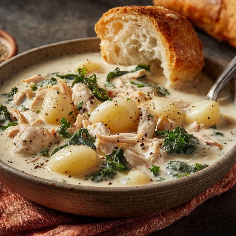 Cremige Hähnchen-Gnocchi-Suppe mit Grünkohl, serviert in einer rustikalen Schüssel, mit einem Stück knusprigem Brot zum Dippen.