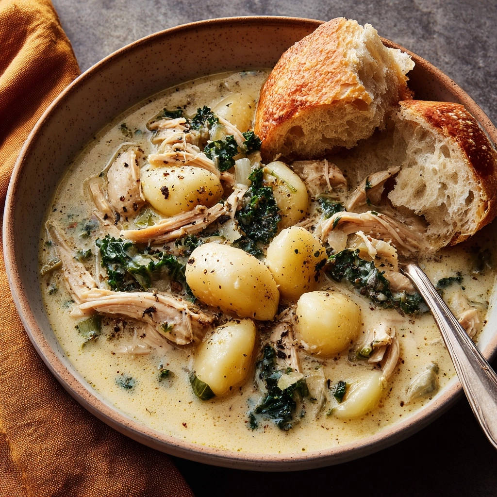 Cremige Huhn Gnocchi Suppe Mit Grunkohl Serviert 1 Cremige Hähnchen-Gnocchi-Suppe mit Grünkohl, serviert in einer rustikalen Schüssel, mit frischem Brot zum Eintunken.