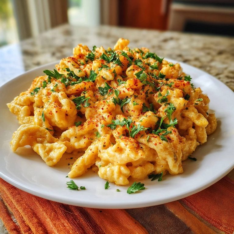 Cremige Käsenudeln mit Paprika und Petersilie werden auf einem weißen Teller serviert und mit frischer Petersilie garniert.