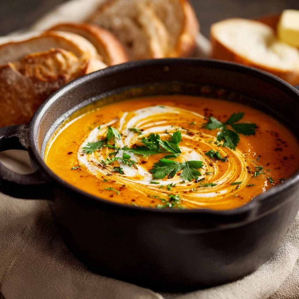Cremige Kuerbis Karotten Suppe Nahaufnahme Garniert 1 Cremige Kürbis-Karotten-Suppe in einer schwarzen Schüssel, garniert mit Sahne und frischer Petersilie, Nahaufnahme. Ein köstliches Gericht für kalte Tage.
