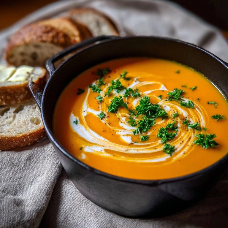 Cremige Kürbis-Karotten-Suppe, garniert mit Sahne und frischer Petersilie, serviert in einer rustikalen Schüssel. Dazu Brot.