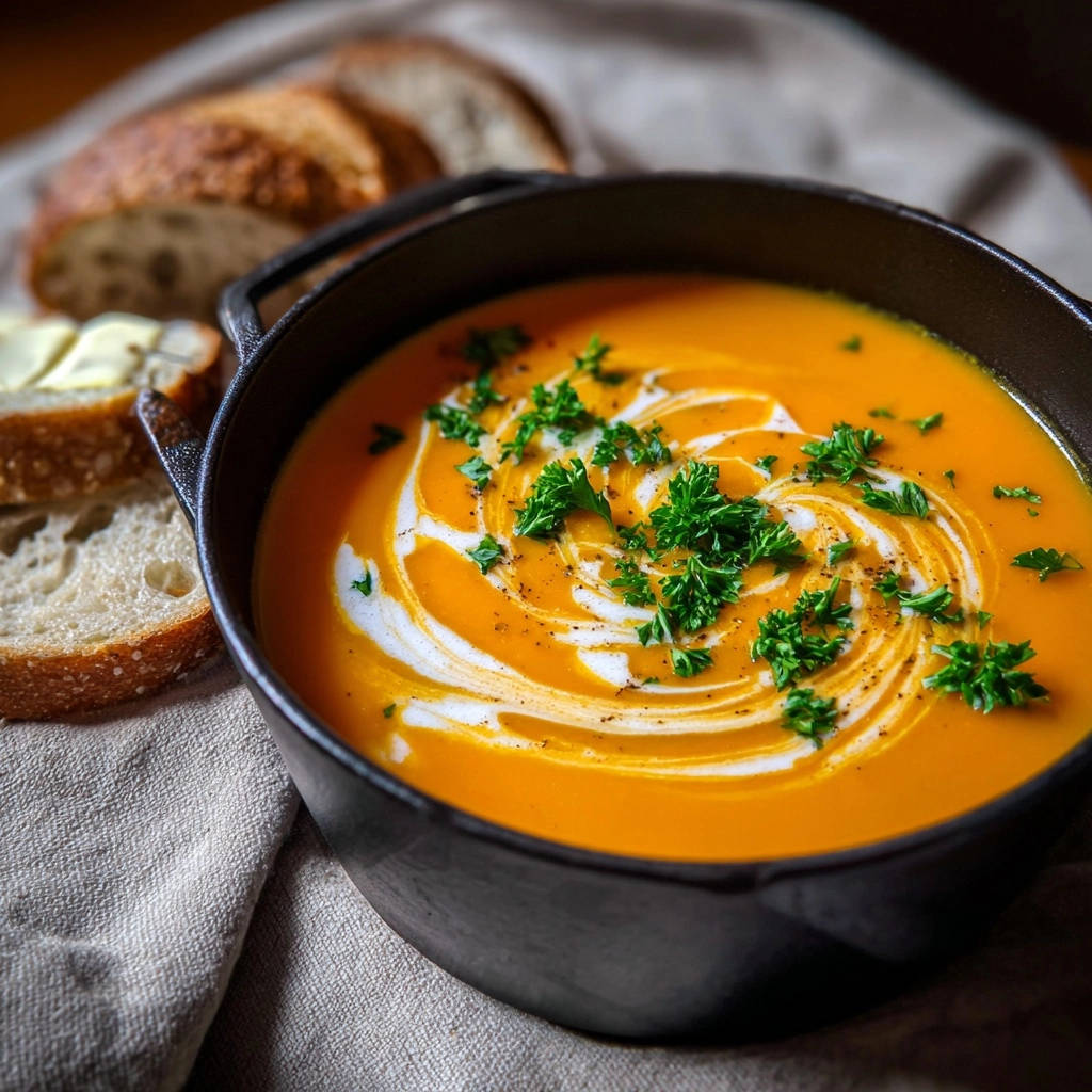 Cremige Kürbis-Karotten-Suppe, garniert mit Sahne und frischer Petersilie, serviert in einer rustikalen Schüssel. Dazu Brot.