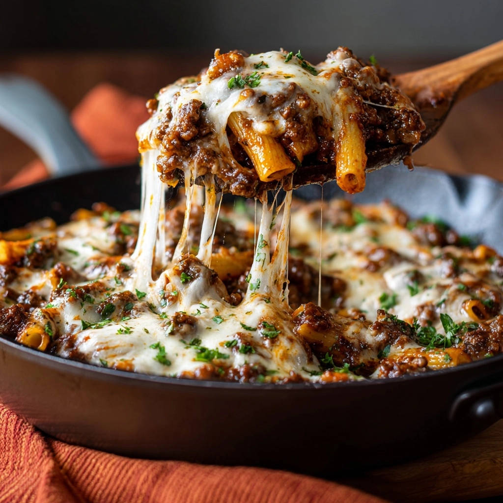 Cremige One Pan Hackfleisch Pasta Kaese Faden Nahaufnahme 1 Cremige One-Pan Hackfleisch-Pasta mit geschmolzenem Käse, der sich in langen Fäden vom Löffel zieht, serviert. Ein köstliches Essen.