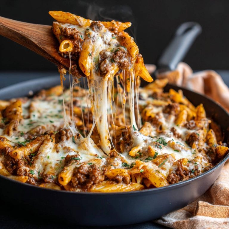 Cremige One-Pan Hackfleisch-Pasta mit geschmolzenem Käse, der sich beim Abheben vom Kochlöffel zieht, dampft verführerisch.