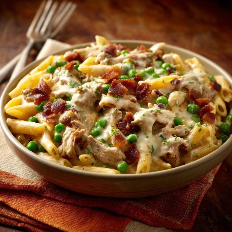 Cremige Penne mit zartem Hähnchen und knusprigem Bacon, serviert in einer rustikalen Schüssel, präsentiert eine appetitliche Draufsicht.