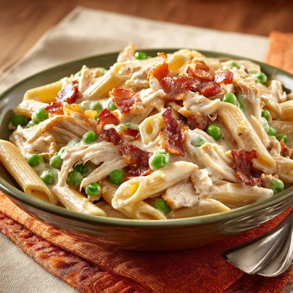 Cremige Penne Mit Hahnchen Und Bacon Nahaufnahme 1 Cremige Penne mit zartem Hähnchen und knusprigem Bacon in Nahaufnahme, serviert in einer grünen Schüssel, mit Erbsen und Bacon-Stückchen.