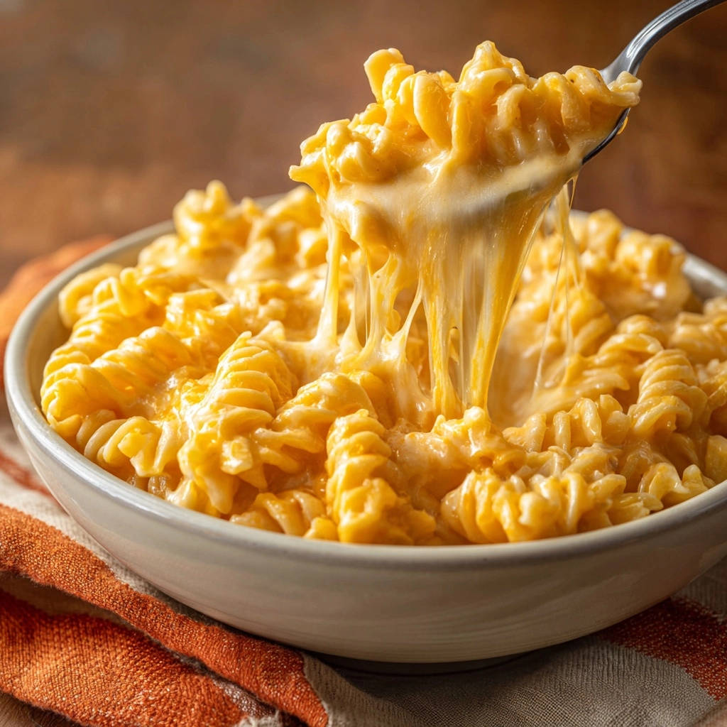 Cremige Spiralnudeln Mit Kaesesauce Kaesefaden 1 Cremige Spiralnudeln mit Käsesauce, mit einem Löffel aufgenommen, zeigen die fantastischen Käsefäden, die sich ziehen. Ein wahrer Genuss!