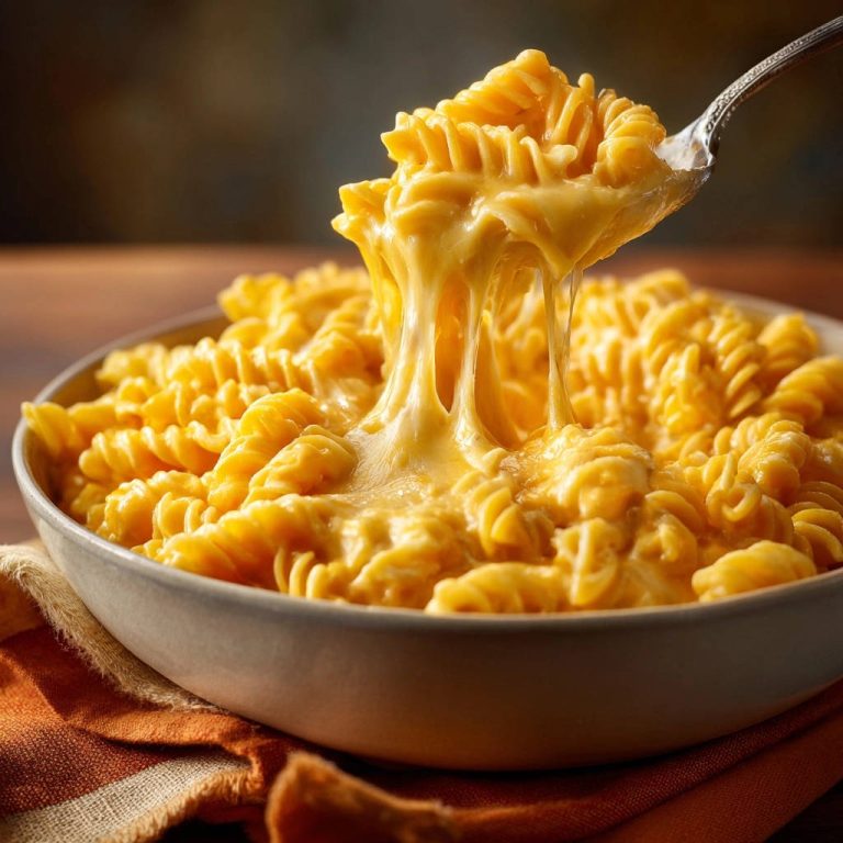 Cremige Spiralnudeln mit Käsesauce, mit einem Löffel aufgenommen, zeigt lange, klebrige Käsefäden. Der perfekte Komfort-Food-Genuss.