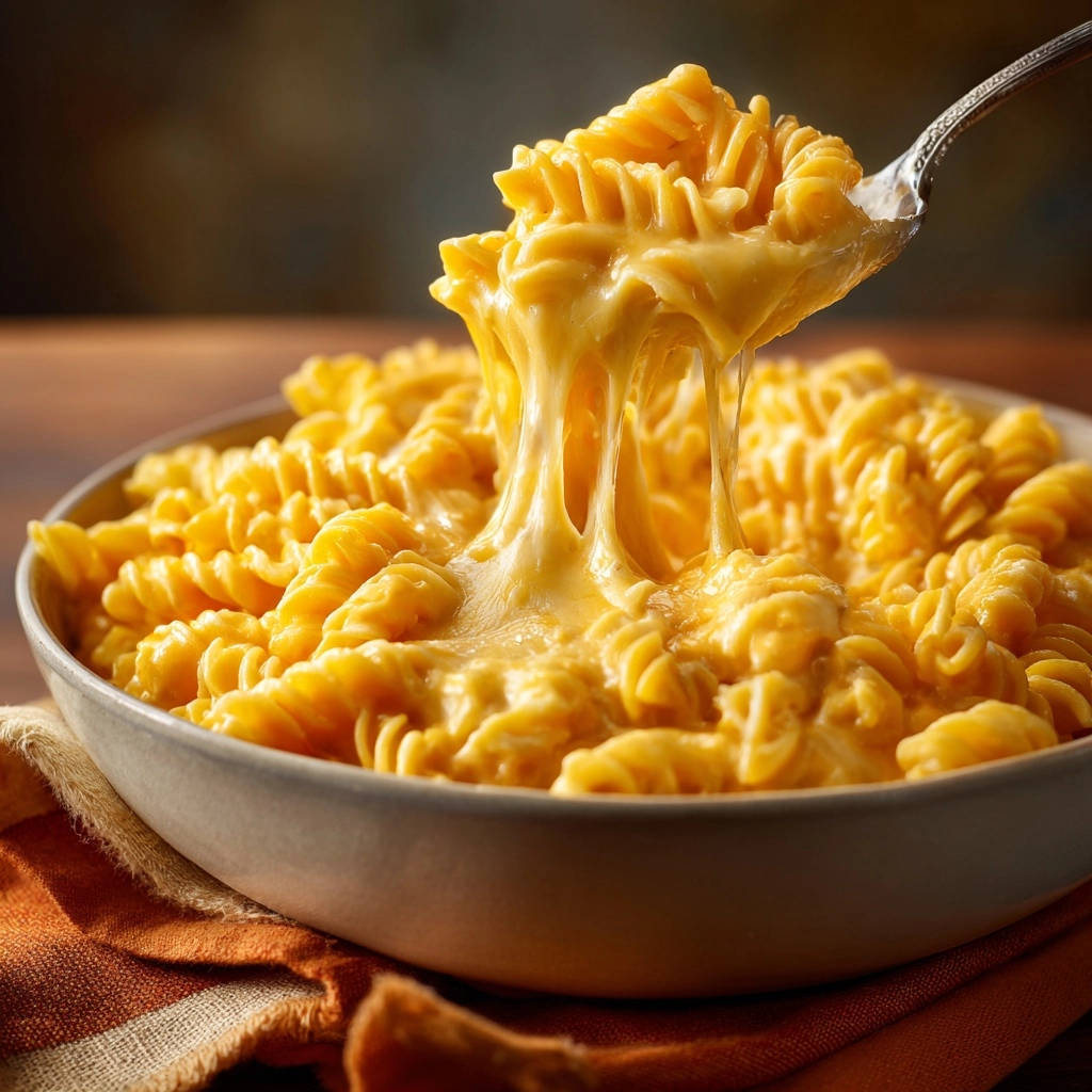 Cremige Spiralnudeln mit Käsesauce, mit einem Löffel aufgenommen, zeigt lange, klebrige Käsefäden. Der perfekte Komfort-Food-Genuss.