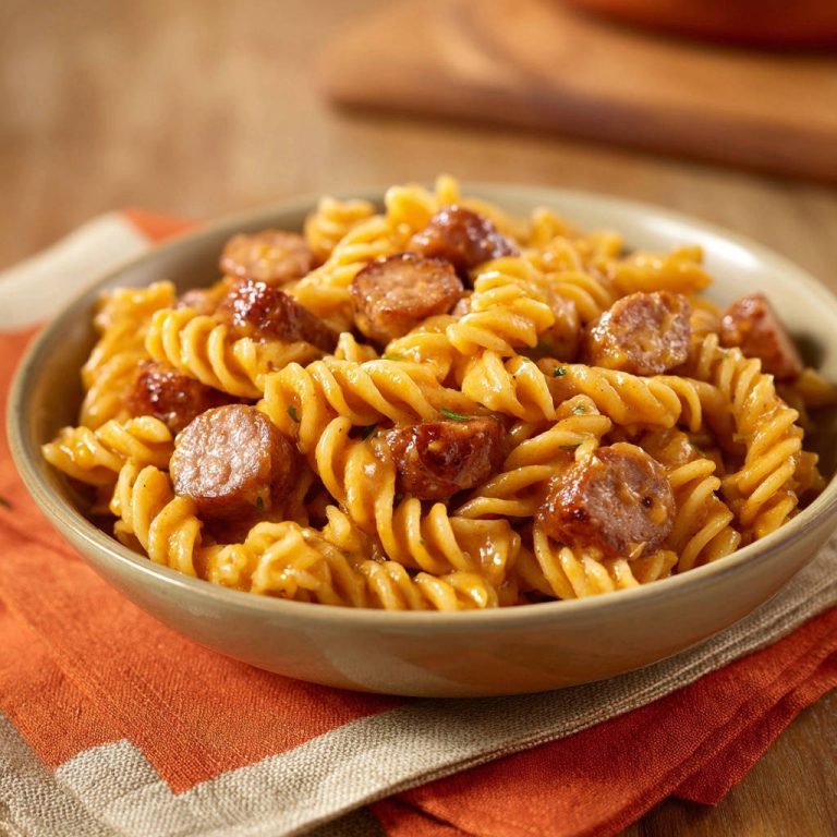 Cremige Wurst-Pasta, serviert in einer Schüssel, zeigt eine Nahaufnahme der cremigen Sauce und der gebratenen Wurststücke.