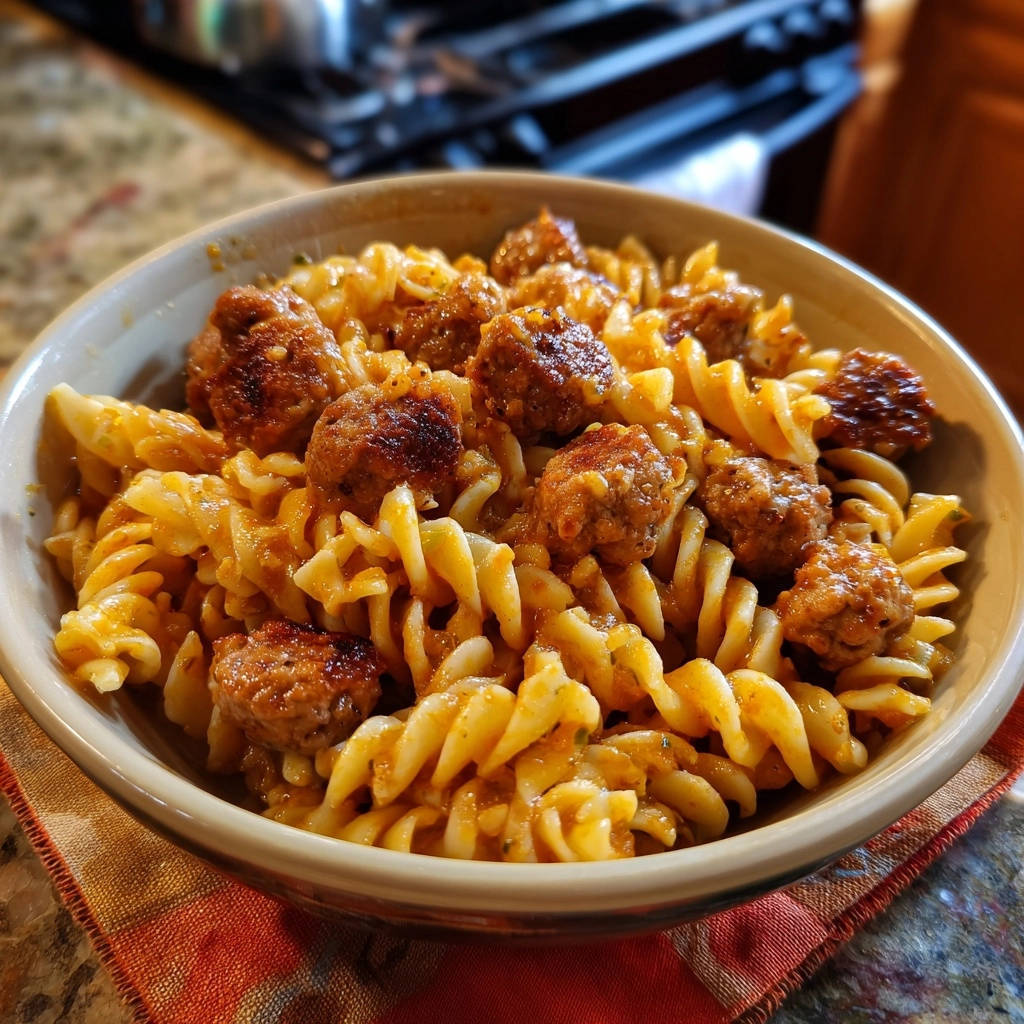 Cremige Wurst Pasta Serviert 1 Cremige Wurst-Pasta, serviert in einer rustikalen Schüssel, zeigt die cremige Soße, die sich perfekt mit den Spiralnudeln verbindet.