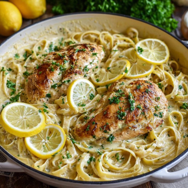 Cremige Zitronen-Hähnchen-Pasta in einer Pfanne serviert, mit frischen Zitronenscheiben und Kräutern garniert und von oben fotografiert.