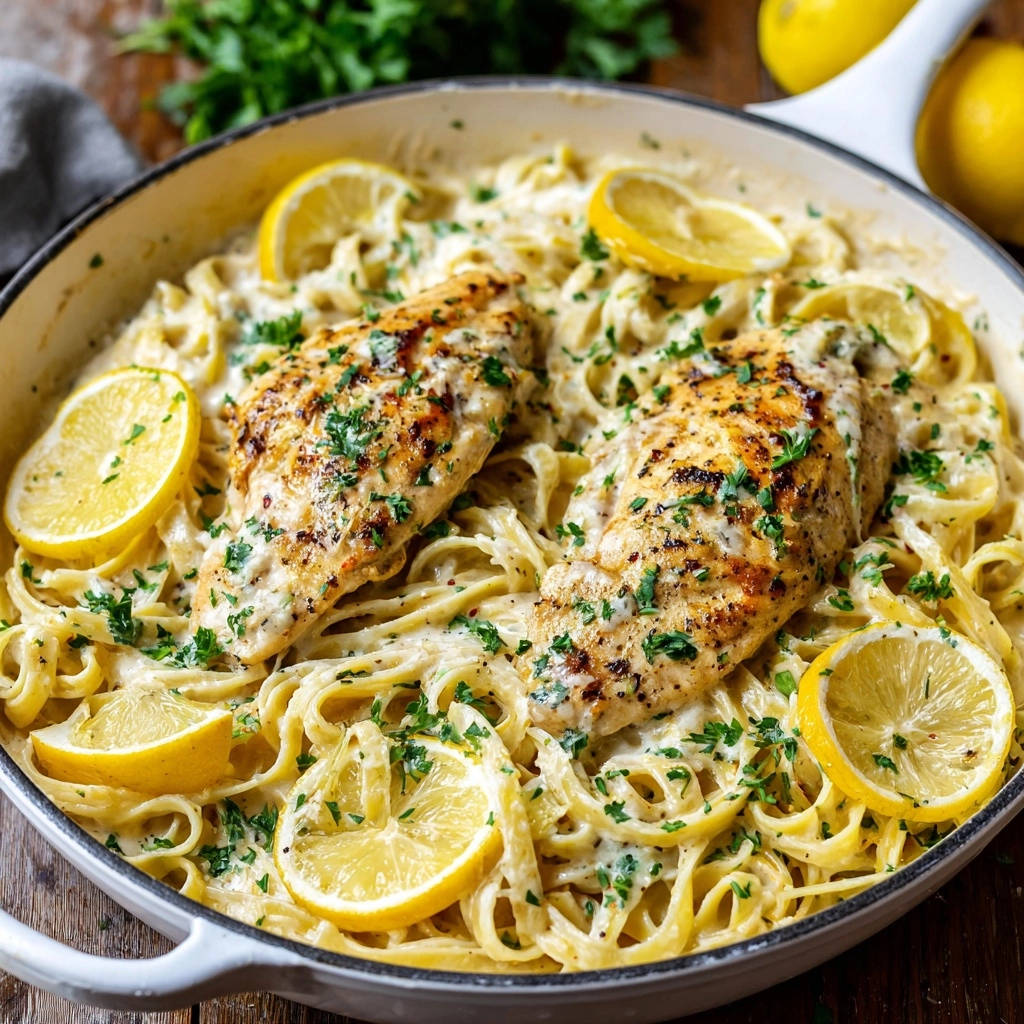 Cremige Zitronen Huhn Pasta Draufsicht Serviert 1 Cremige Zitronen-Hähnchen-Pasta, serviert in einer Pfanne, mit gegrilltem Hähnchen und Zitronenscheiben garniert. Ein köstliches Gericht für jeden Anlass.
