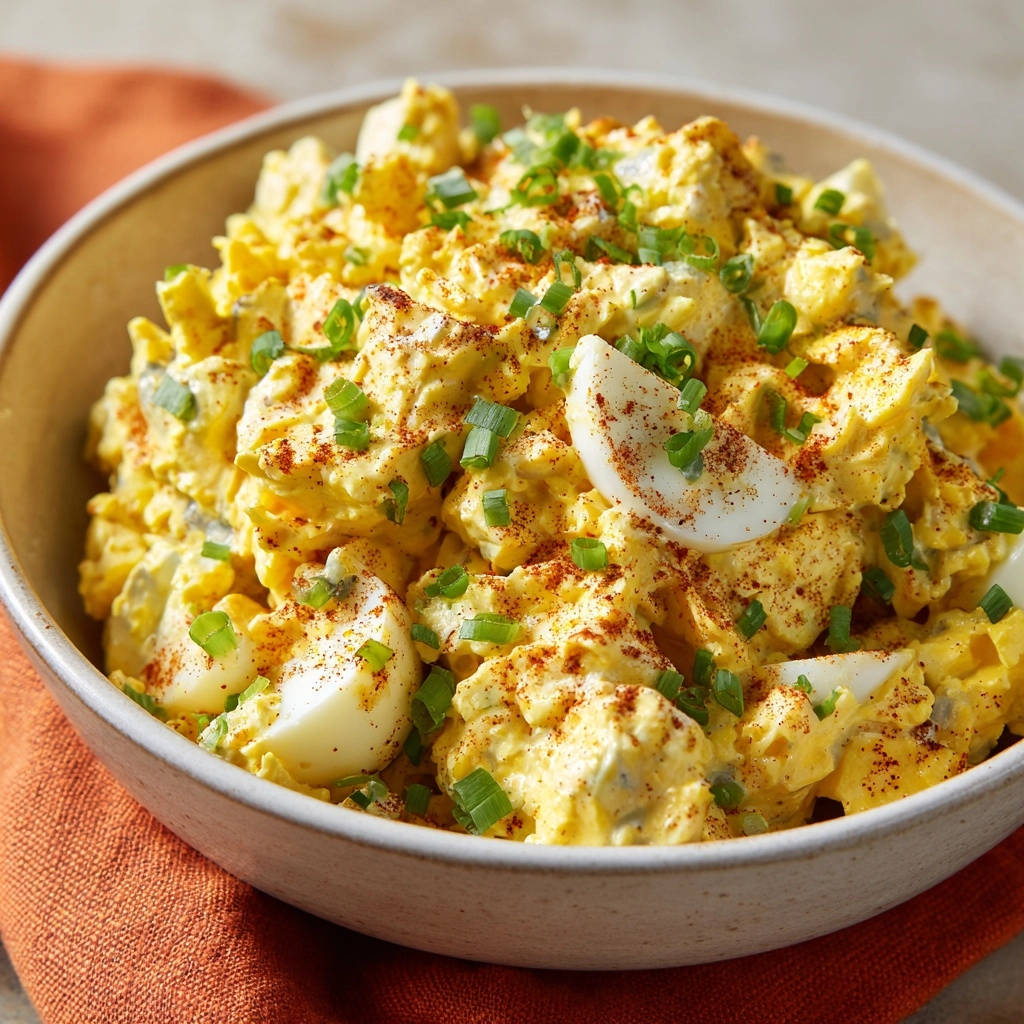 Cremiger Eiersalat Mit Fruehlingszwiebeln Nahaufnahme 1 Cremiger Eiersalat mit Frühlingszwiebeln in Nahaufnahme, garniert mit frischen Frühlingszwiebeln und Paprikapulver, serviert in einer rustikalen Schüssel.
