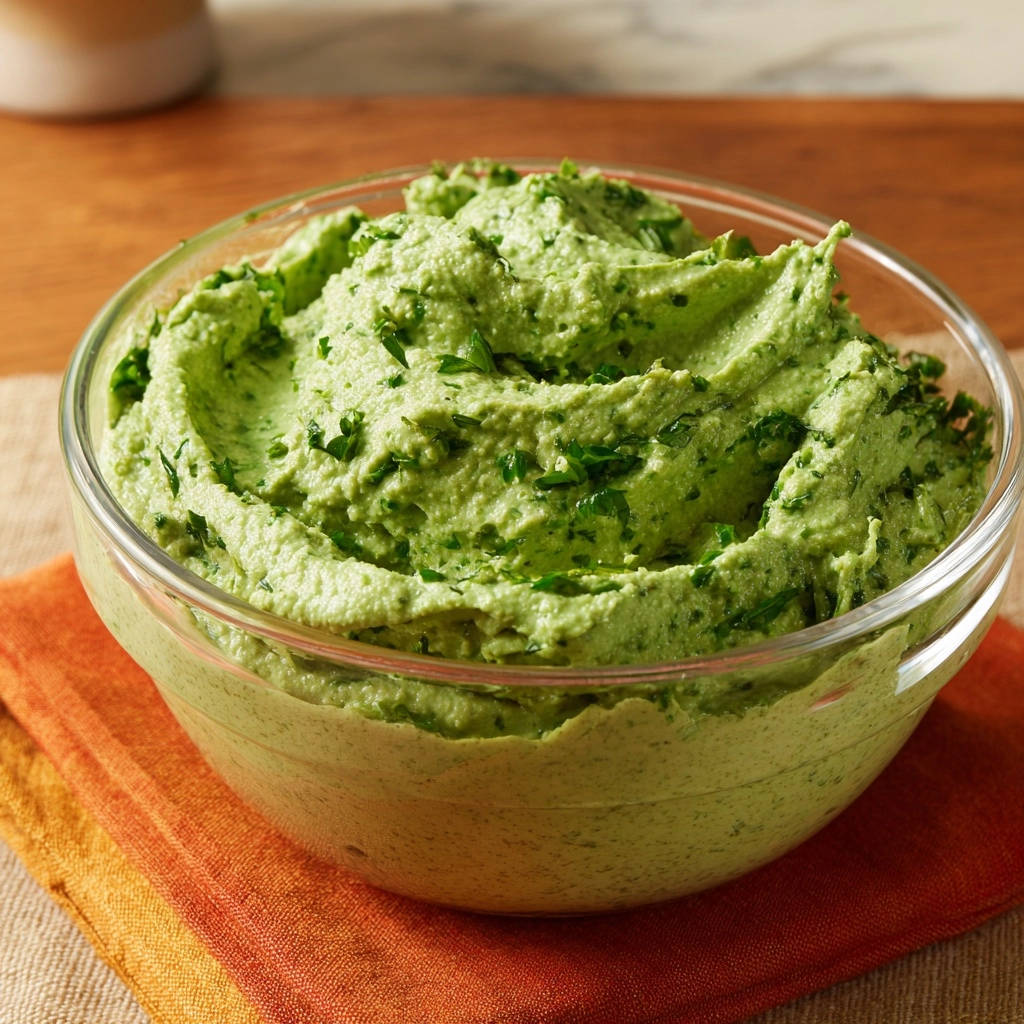 Cremiger Gruener Power Dip Nahaufnahme 1 Cremiger Grüner Power-Dip in Nahaufnahme: Die Textur dieses Dip, mit frischer Kräuter garniert, präsentiert sich cremig und einladend.