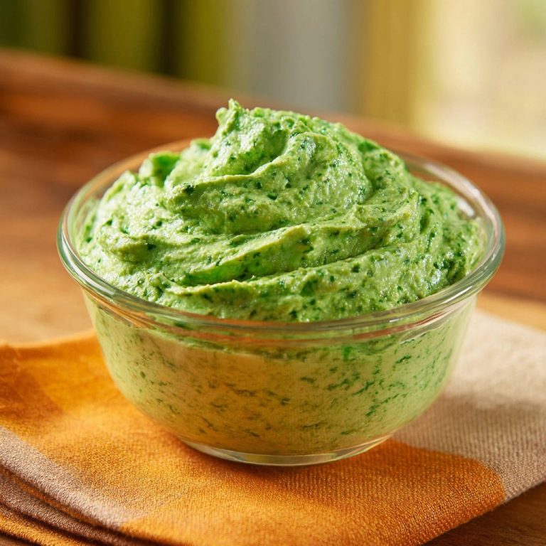 Cremiger Grüner Power-Dip in Nahaufnahme: Ein cremiger Dip voller gesunder Zutaten, serviert in einer Glas-Schüssel, bereit zum Genießen.