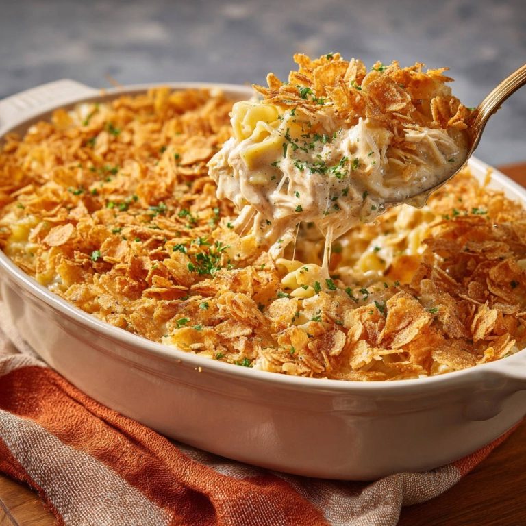 Cremiger Hähnchen-Nudelauflauf, serviert mit einem Löffel voller cremiger Nudeln und knusprigem Topping, das zum Verzehr einlädt.