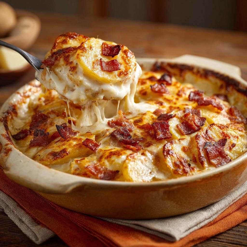 Cremiger Kartoffel Kase Gratin Mit Bacon Nahaufnahme 1 Cremiger Kartoffel-Käse-Gratin mit knusprigem Bacon zeigt hier eine Nahaufnahme und den geschmolzenen Käse, der sich zieht.