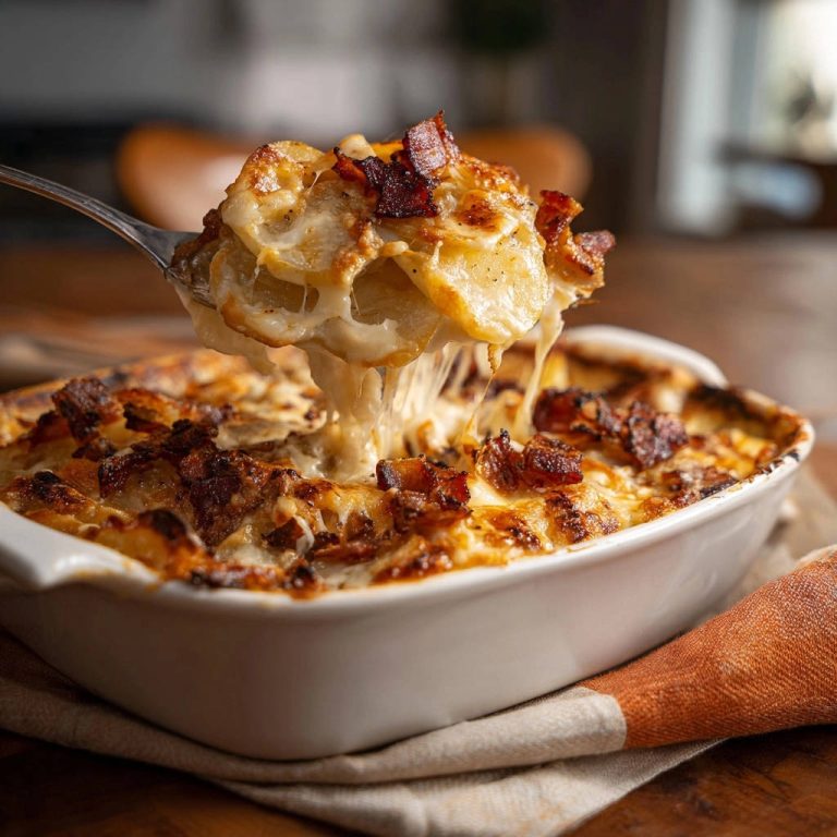 Cremiger Kartoffel-Käse-Gratin mit knusprigem Bacon zeigt hier eine Nahaufnahme, mit geschmolzenem Käse und knusprigen Baconstücken.