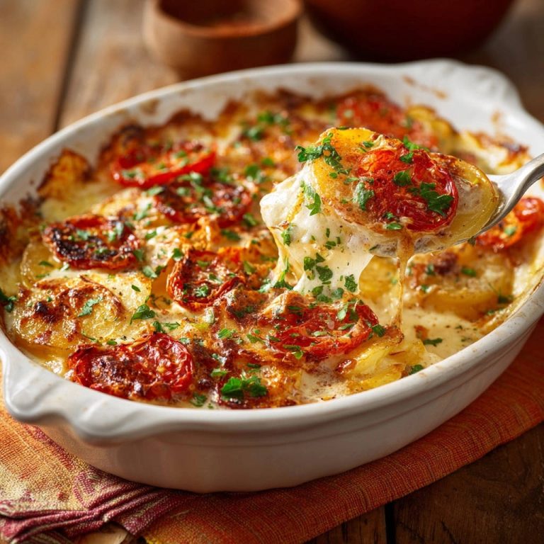 Cremiger Kartoffel-Tomaten-Gratin mit geschmolzenem Käse und Tomaten auf einem Löffel serviert, zeigt die cremige Textur.