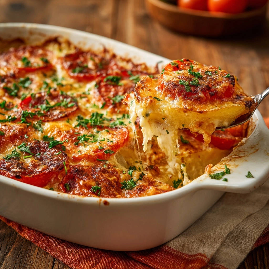 Cremiger Kartoffel Tomaten Gratin Querschnitt Nahaufnahme 1 Cremiger Kartoffel-Tomaten-Gratin im Nahaufnahme zeigt die geschichteten Kartoffeln, Tomaten und den geschmolzenen Käse, der sich beim Herausnehmen dehnt.