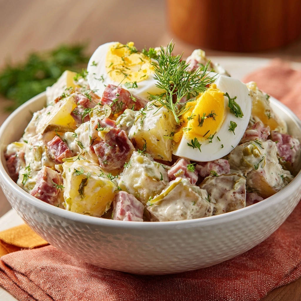 Cremiger Kartoffelsalat Corned Beef Draufsicht 1 Cremiger Kartoffelsalat mit Corned Beef, serviert in einer Schüssel, garniert mit Dill und halbierten Eiern, die einen appetitlichen Blick bieten.