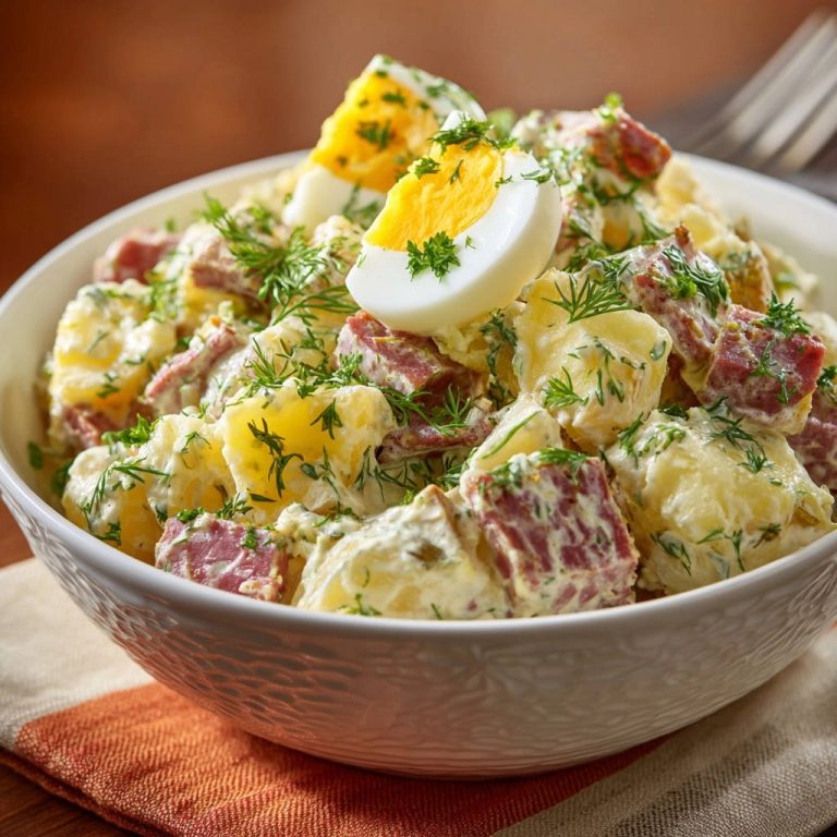Cremiger Kartoffelsalat mit Corned Beef und Dill in Nahaufnahme, garniert mit frischem Dill und einer halbierten Eierscheibe.