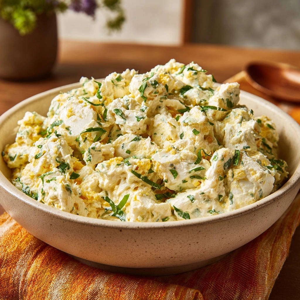 Cremiger Kartoffelsalat Nahaufnahme Serviert 1 Cremiger Kartoffelsalat in einer rustikalen Schüssel, serviert auf einem orangefarbenen Tischtuch, mit frischen Kräutern verfeinert.