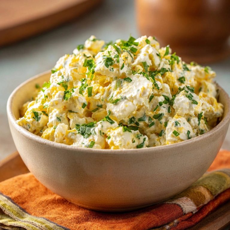 Cremiger Kartoffelsalat in einer rustikalen Schüssel serviert, mit frischen Kräutern garniert und mit cremiger Textur.