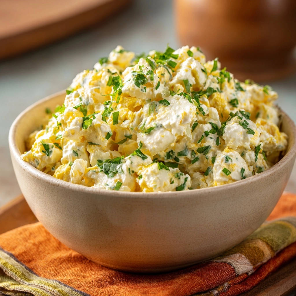 Cremiger Kartoffelsalat in einer rustikalen Schüssel serviert, mit frischen Kräutern garniert und mit cremiger Textur.