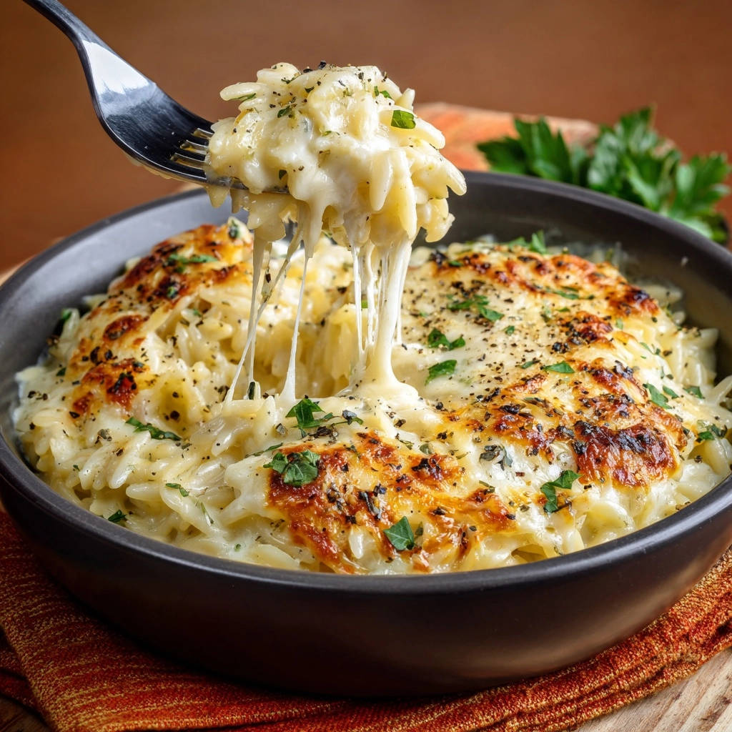 Cremiger Kase Orzo Auflauf Mit Kasefaden 1 Cremiger Käse-Orzo-Auflauf mit geschmolzenem Käse, der sich vom Auflauf auf einer Gabel streckt und zieht. Ein herzhaftes Gericht zum Genießen.