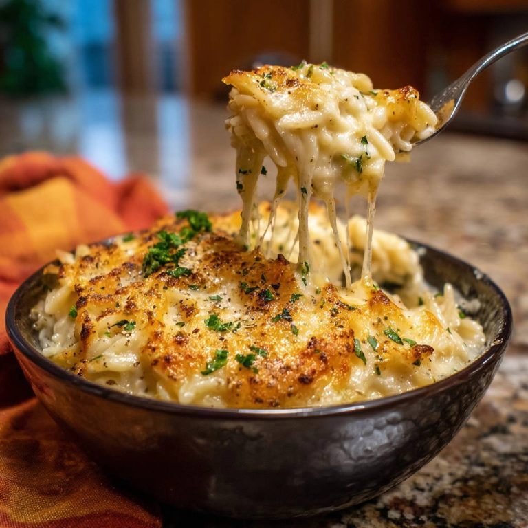 Cremiger Käse-Orzo-Auflauf mit geschmolzenem Käse, der sich von einer Gabel zieht und die cremige Textur zeigt.