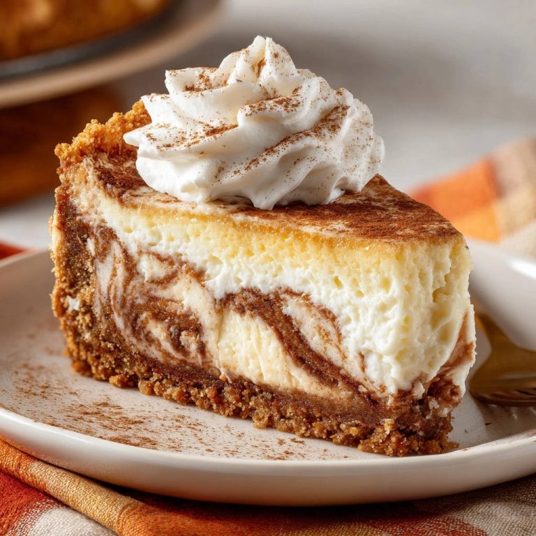 Cremiger Marmor-Cheesecake in Nahaufnahme, serviert auf einem Teller. Der Anschnitt zeigt die cremige Marmorierung und eine dicke Schicht Sahne.